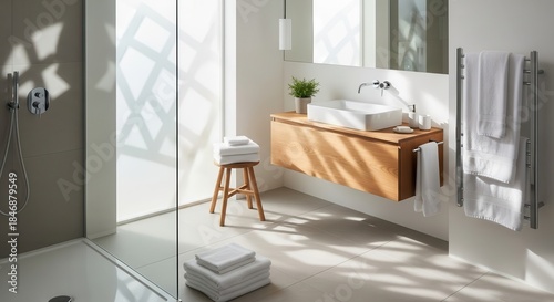 Contemporary bathroom interior features a floating wooden vanity, square sink, and heated towel rack