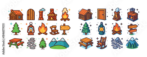 Cozy camping icons set featuring cabin, campfire, and nature ele