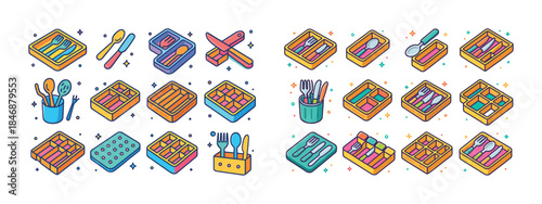 Colorful kitchen utensils and cutlery illustration with organize