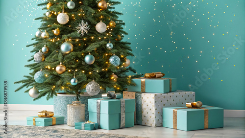 Christmas Tree adorned with Gifts and Star Decoration, creating a festive mood. Festive wrapping paper enhances the home decor for the season.