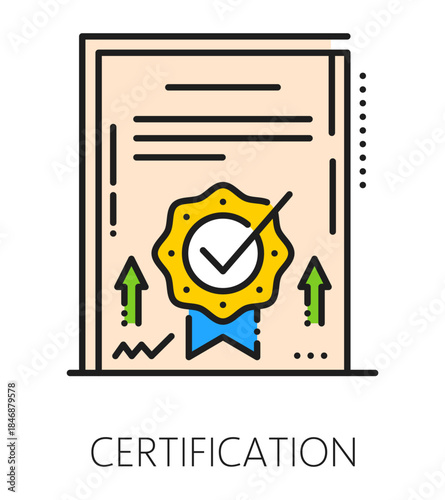 Quality certification and inspection icon or symbol. Product quality certification icon, factory regulation approval color line vector symbol. Regulatory inspection sign with document and award seal