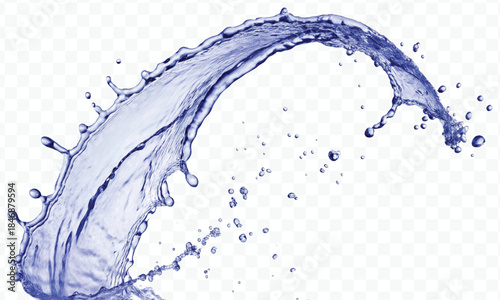 dynamic smooth liquid fresh water splash with drops in mid air cut out and curve style isolated on white background