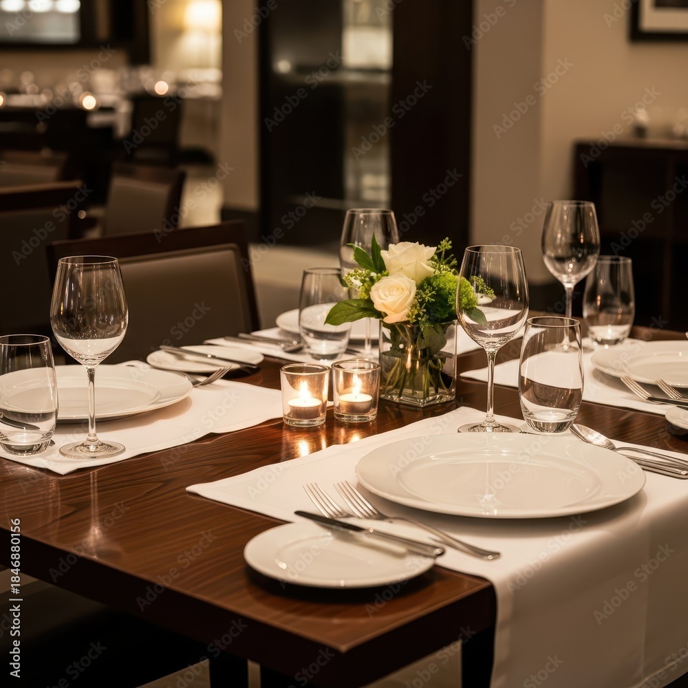 Fototapeta premium Formal dining table elegantly set with crystal glassware and floral centerpiece in upscale interior