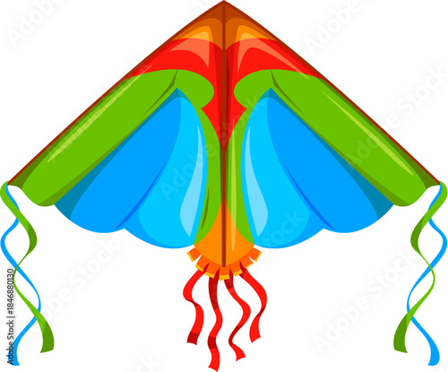 Festival triangular paper kite with wide blue wings, green and red accents, and long ribbon tails. Indian holiday or ethnic festival, child entertainment cartoon isolated vector kite or paper wing