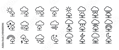 Simple weather icon set with trees and atmospheric elements