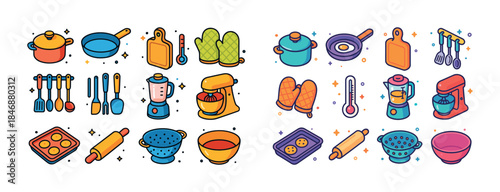 Colorful cartoon kitchen utensils and appliances set illustratio