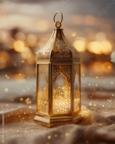 Gold Islamic Lantern on Bokeh Background for Ramadan