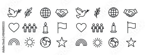 Peace and unity icons: dove, globe, handshake, heart, candle, fl