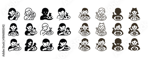 Children eating icons: diverse preschool kids enjoying snacks an