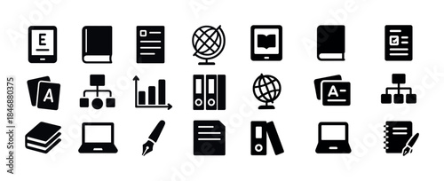 Educational icons set: books, digital devices, globes, and stati