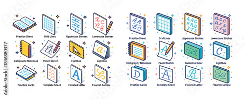 Calligraphy tools and practice icons collection for creative wri