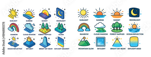 Colorful line art icons of weather and nature elements in day an