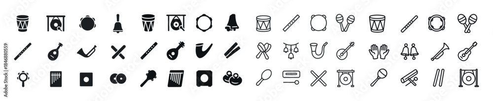 Fototapeta premium Variety of musical instrument icons including drums, bells, and
