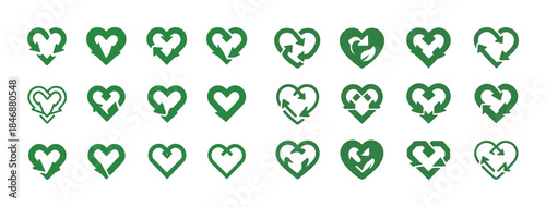 Green heart recycling symbol icons with various arrow designs