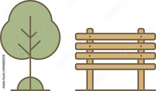 Minimalist park icons with tree and wooden bench in soft pastel colors flat vector illustration design