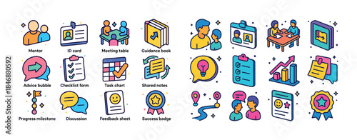 Colorful business icons: mentorship, task management, success, c