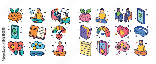Mental health and wellness icons: meditation, therapy, mindfulne