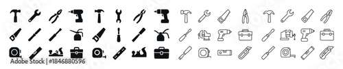 Various hand tool icons in black and white for construction and