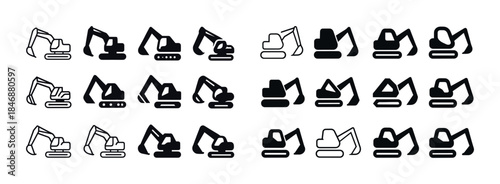 Set of excavator icons in various styles and poses
