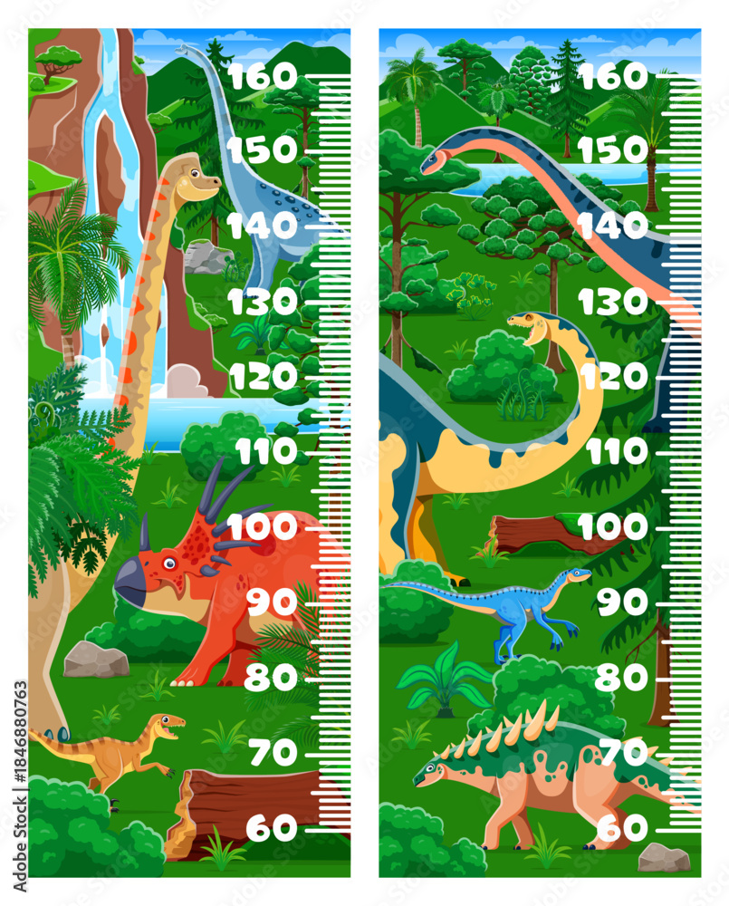 Fototapeta premium Kids height chart with cartoon prehistoric dinosaurs. Kids height measure vector chart with Brachiosaurus, Styracosaurus, Titanosauria Velociraptor and Polacanthus dinosaurs, prehistoric landscape