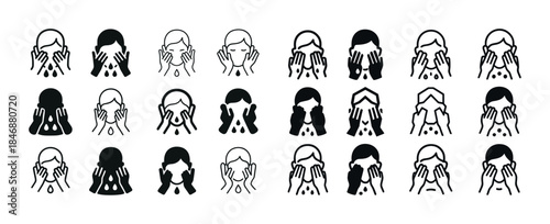 Icon set of diverse facial skincare routines with people washing