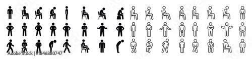 Various stick figure poses: standing, sitting, and gesturing for