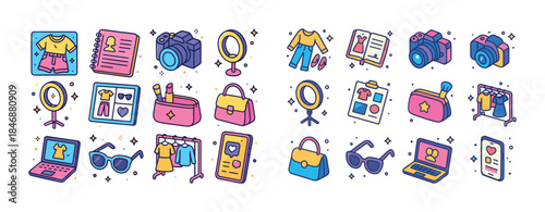 Colorful fashion and lifestyle icons featuring clothing, accesso
