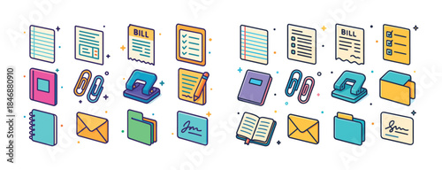 Colorful office supplies: documents, stationery, and organizatio