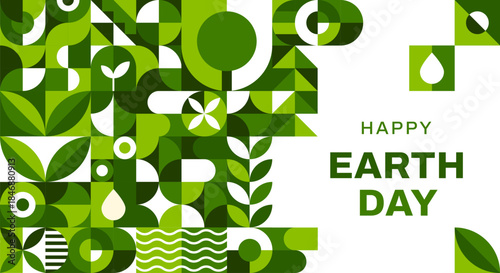 Earth day poster with geometric Bauhaus pattern. Clean ecology and nature saving vector horizontal banner. Earth day, world environment flyer or poster with Bauhaus green abstract shapes pattern