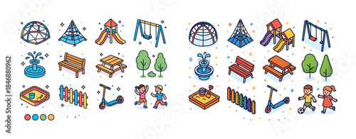 Colorful playground icons with children playing and outdoor equi