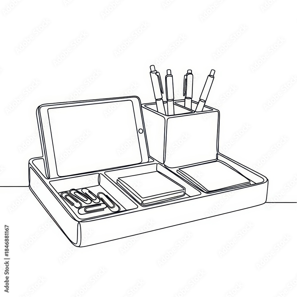 Fototapeta premium Minimalist line drawing depicts a modern desk organizer holding various office supplies