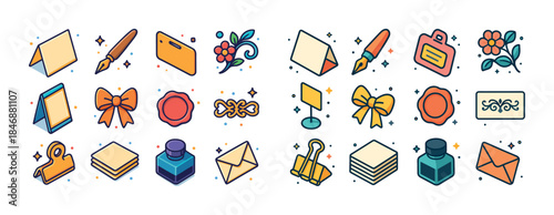 Colorful stationery and office supplies icons set with decorativ