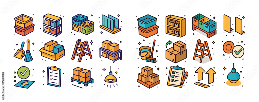 Obraz premium Colorful isometric storage and organization icons featuring boxe