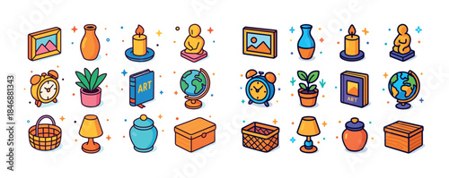Colorful cartoon illustration of home decor and art objects coll