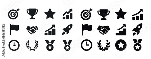 Icons of success: target, trophy, growth, flag, handshake, medal