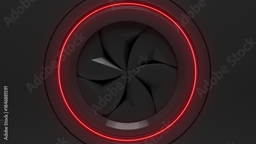 3D animation of a dark grey mechanical iris shutter closing and opening with a red neon light. Camera flies through the center. Sci-Fi transition with alpha channel.