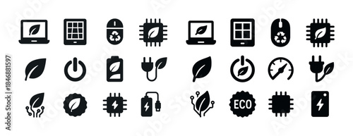 Collection of eco-friendly technology icons featuring leaves, de