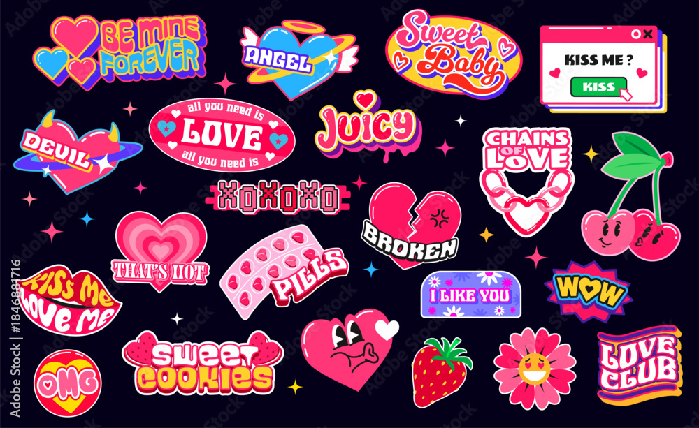 Obraz premium Love heart y2k retro groovy stickers, Valentine Day patch labels. Vector pink hearts with Cupid angel wings, flower and cherry emojis. Love message windows, kiss lips and strawberry cake y2k stickers