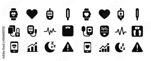 Health and fitness icon set featuring heart, scale, blood pressu