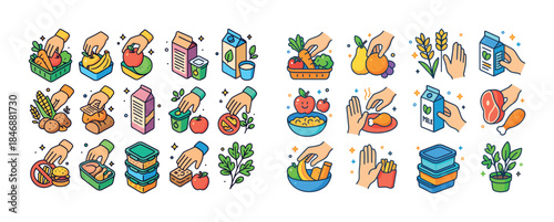 Illustrated icons of food choices and packaging in various categ