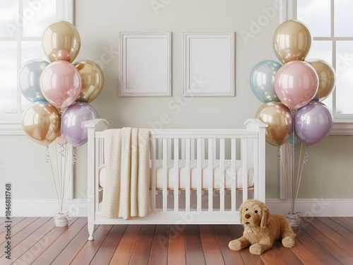 Sweet baby nursery with white crib, balloons, plush toy, frames