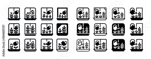 Black and white icons of plants in pots with watering cans