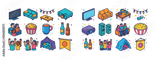 Home movie night celebration icons: family, snacks, entertainmen