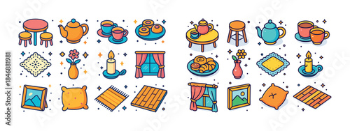 Cozy home elements collection: teapot, rugs, curtains, candle, d