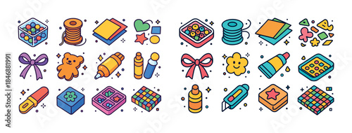 Colorful set of craft supplies including beads, ribbon, glue, ma