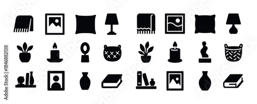 Home decor icons: pillows, plants, candles, frames, lamps, books