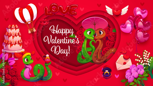 Paper cut Valentine's day holiday greeting card. Saint Valentine day papercut vector poster, romantic celebration or love holiday banner with snakes characters, dessert, flowers and engagement ring
