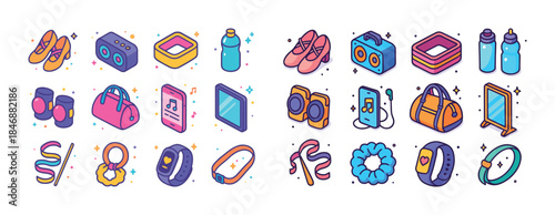 Colorful fitness icons set: shoes, music, water bottles, equipme