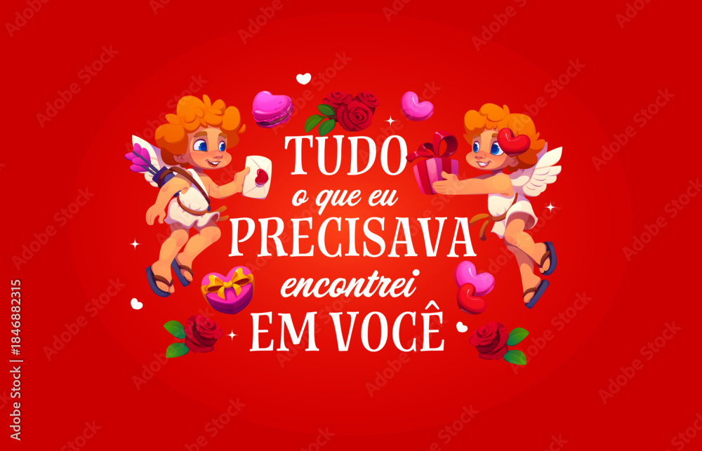 Fototapeta premium Tudo o que eu precisava encontrei em voce Valentine's day spanish quote. Romantic party vector banner, love holiday print. Romance day quote poster with cupids characters, rose flowers and gifts