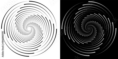 Abstract background with lines in circle. Art design spiral as logo or icon. A black figure on a white background and an equally white figure on the black side.